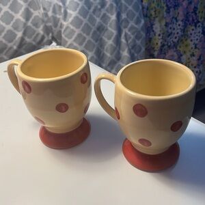 Lot of 2 Gail Pittman Siena Polka Dot Ceramic Mugs - Lt. Yellow and Red-Orange